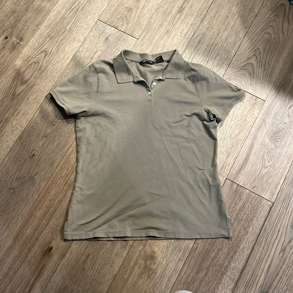 EDDIE BAUER | tan short sleeve slim fit polo, size large